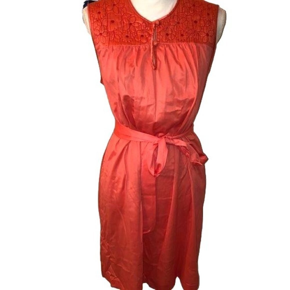 Short Nightgown Womens Vintage Nylon Matching Belt Buttons Embroidered Orange